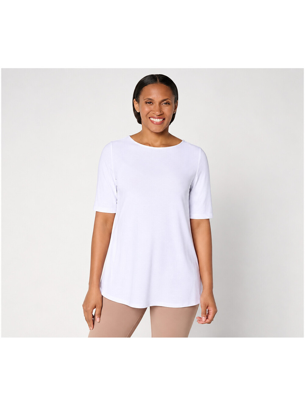 Susan Graver Jacquard Regular Liquid Knit Elbow Sleeve A-Line Tunic White, Large